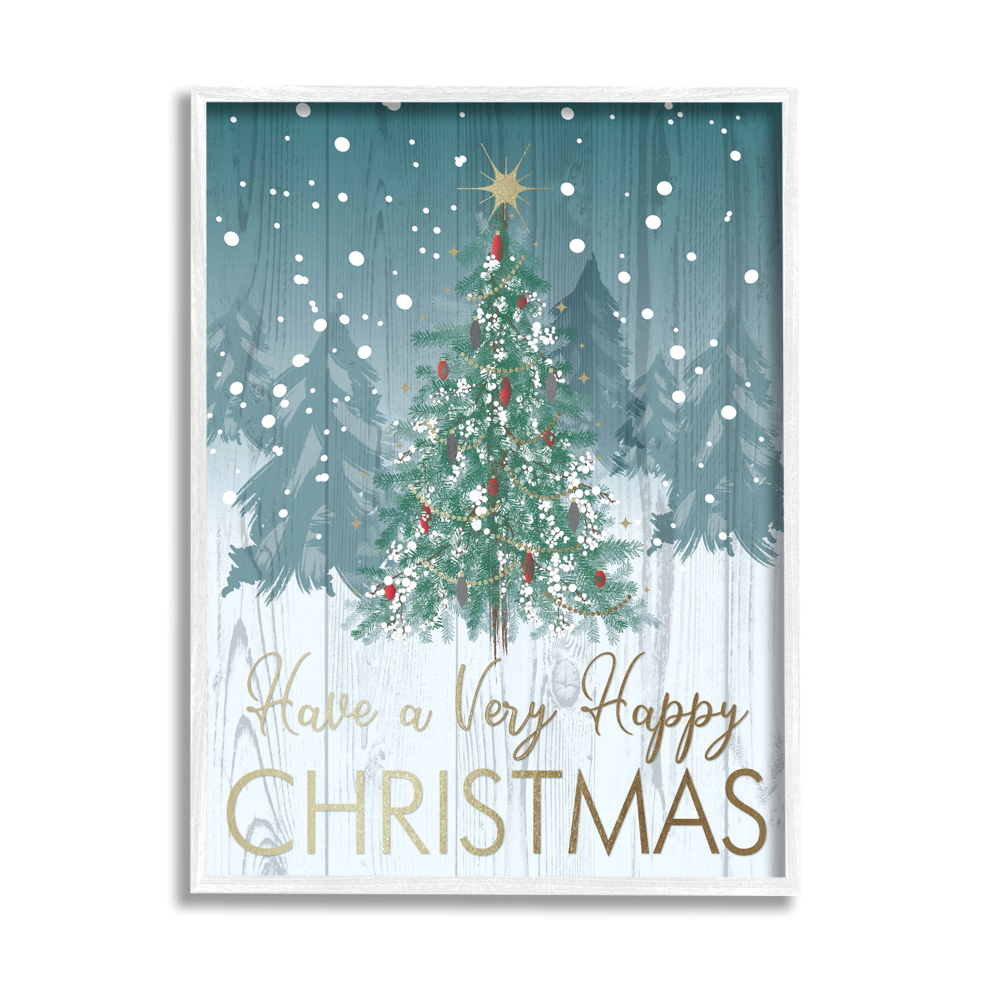 Happy Christmas Glam Detail Text Rustic Fir Tree Botanical & Floral Graphic Art Framed Art Print Wall Art