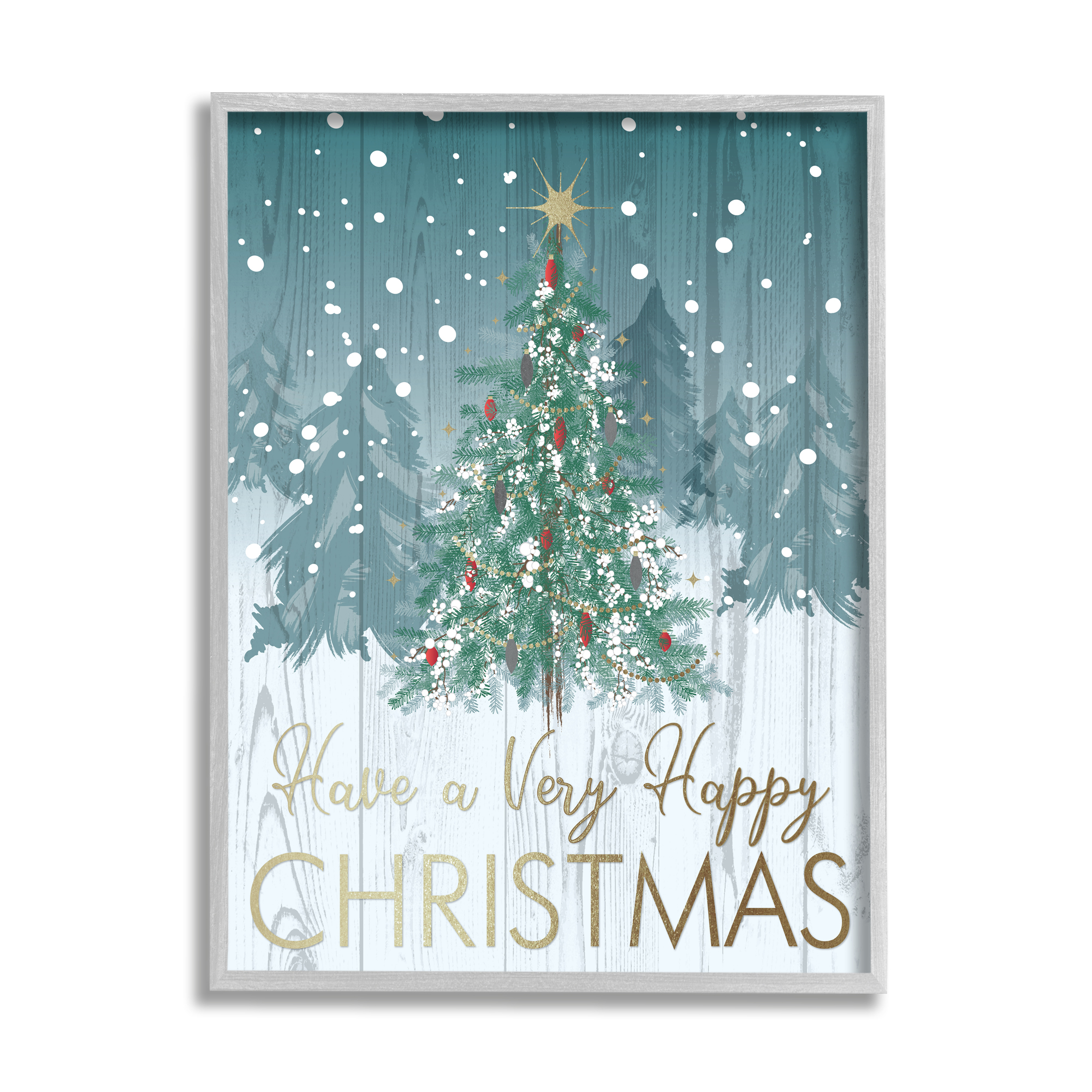 Happy Christmas Glam Detail Text Rustic Fir Tree Botanical & Floral Graphic Art Framed Art Print Wall Art