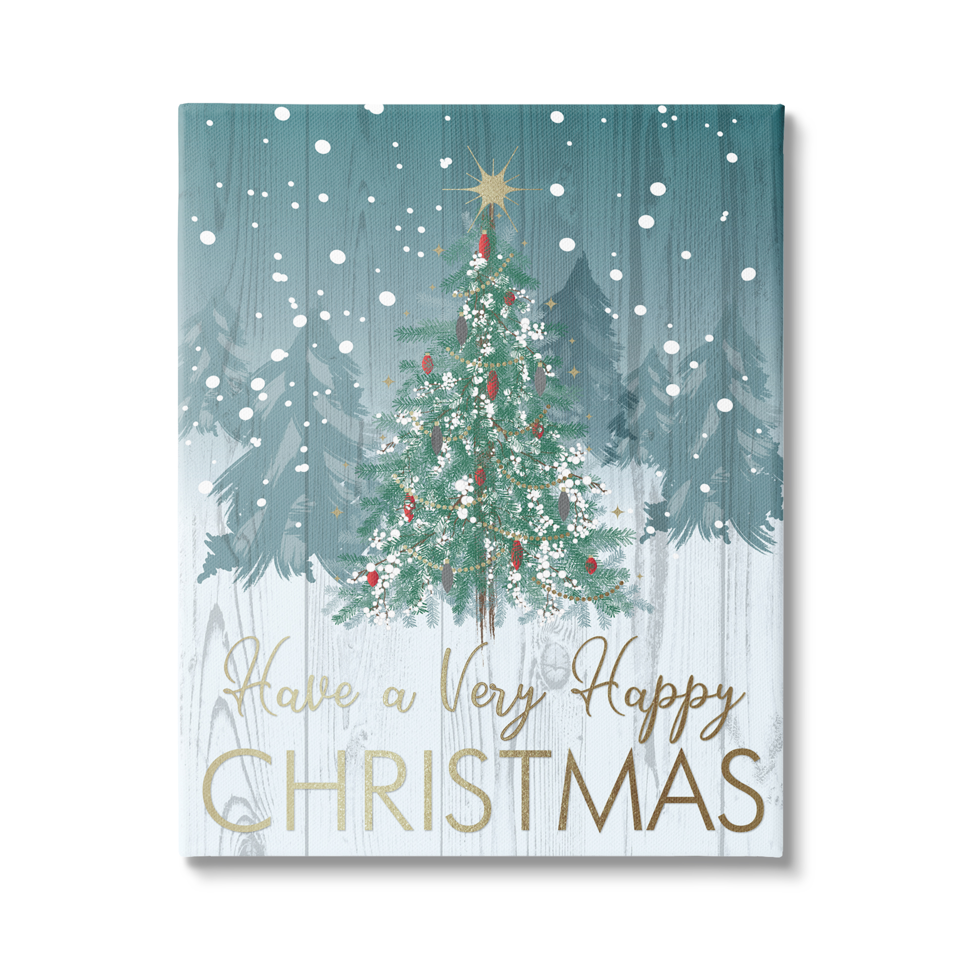 Happy Christmas Glam Detail Text Rustic Fir Tree Botanical & Floral Graphic Art Gallery-Wrapped Canvas Print Wall Art