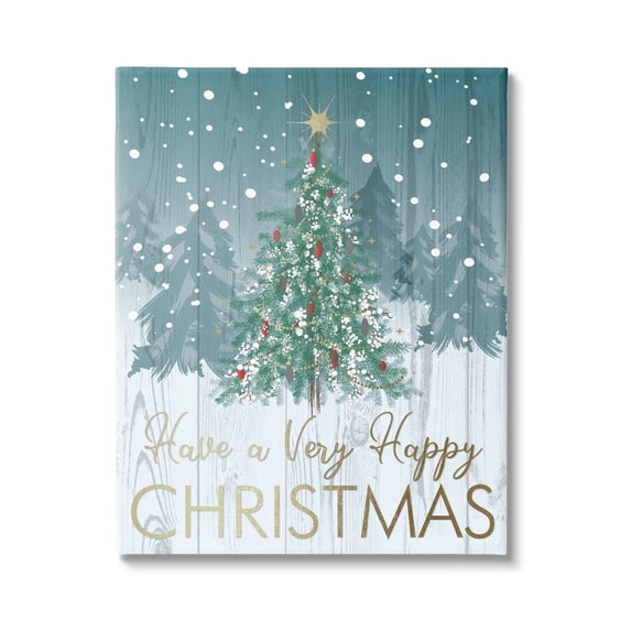Happy Christmas Glam Detail Text Rustic Fir Tree Botanical & Floral Graphic Art Gallery-Wrapped Canvas Print Wall Art