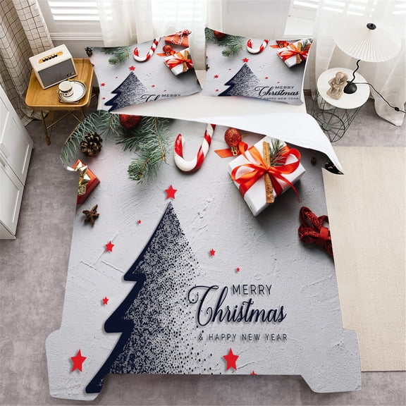 Happy Christmas Printed Quilt Cover Set Fashionable Polyester Duvet Cover Set with Pillowcase,Queen (90"x90")