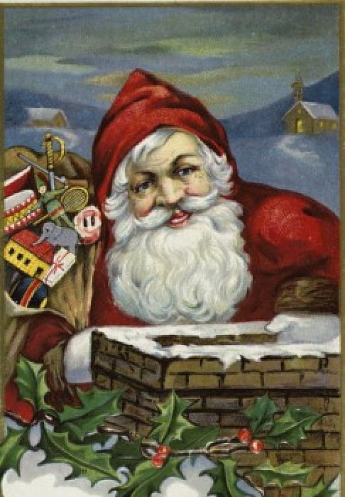Happy Christmas--Santa At The Chimney 1908 Nostalgia cards Canvas Art - (18 x 24)