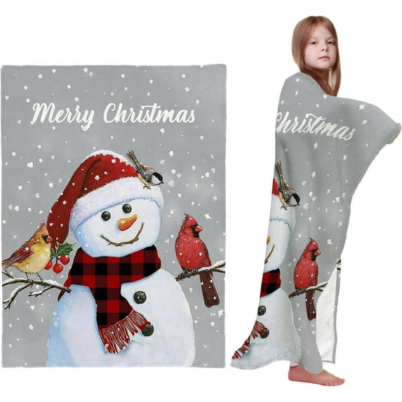 Happy Christmas Snowman and Cardinals Throw Blankets, Grey Winter Holidays Soft Fleece Blanket Decorative for Home Sofa Couch Chair Living Bedroom,30x40 Inches,