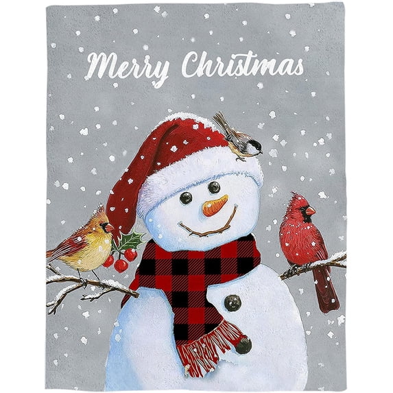 Happy Christmas Snowman and Cardinals Throw Blankets, Grey Soft Fleece Blanket Decorative for Home Sofa Couch Chair Living Bedroom,60x80 inches,