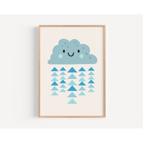 Happy Cloud Print Cute Weather Whimsical Blue Rain Unframed Paper Print