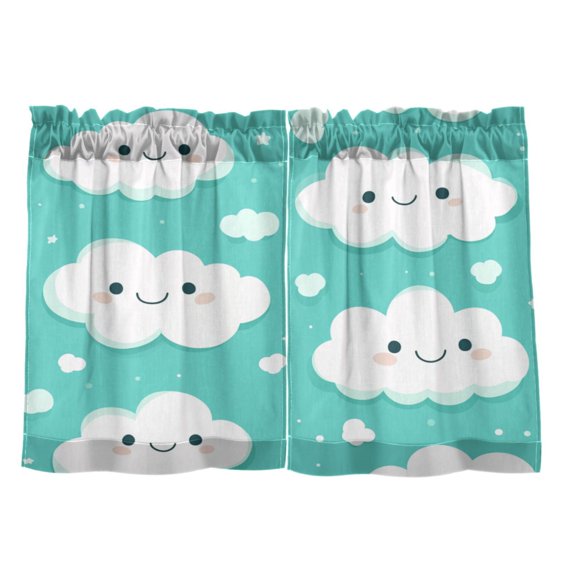 Happy Clouds Pattern 27"x24" Linen Look Cafe Curtain Set with Privacy and UV Protection