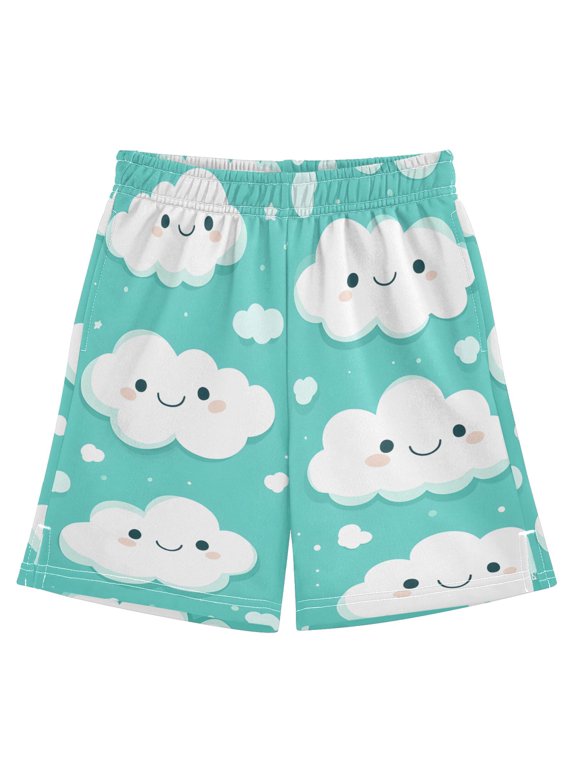 Happy Clouds Pattern Athletic Shorts Breathable with Comfort Fit Drawstring Casual Sweatshorts Large