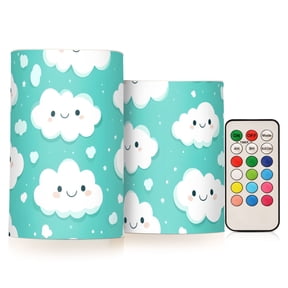 Happy Clouds Pattern Flameless LED Candle Set with Remote, Battery Operated Color Changing Pillar Candles, Set of 2