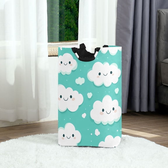 Happy Clouds Pattern Foldable Laundry Hamper 12.6x11x22.7in with Handles for Bathroom Bedroom Storage