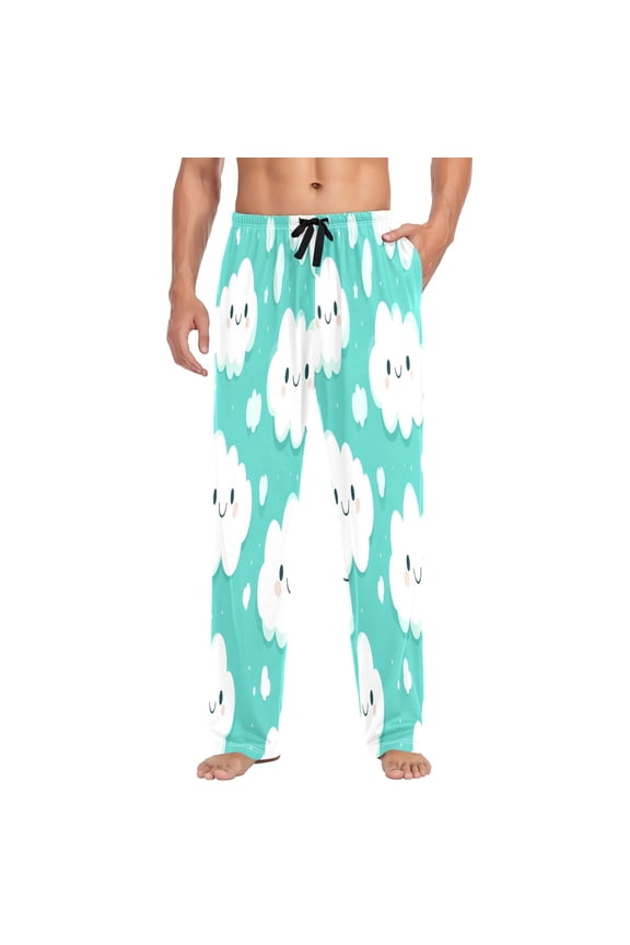 Happy Clouds Pattern Mens Cotton Pajama Pants Long Staple Lightweight Sleep Bottoms with Pockets Breathable