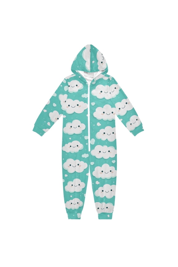 Happy Clouds Pattern One Piece Pajamas Soft Jumpsuit Cozy Sleep and Play Romper Zipper and Pockets 12-13Y