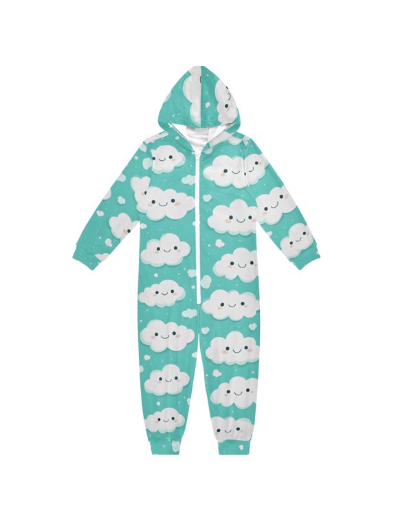 Happy Clouds Pattern One Piece Pajamas Soft Jumpsuit Cozy Sleep and Play Romper Zipper and Pockets 13-14Y