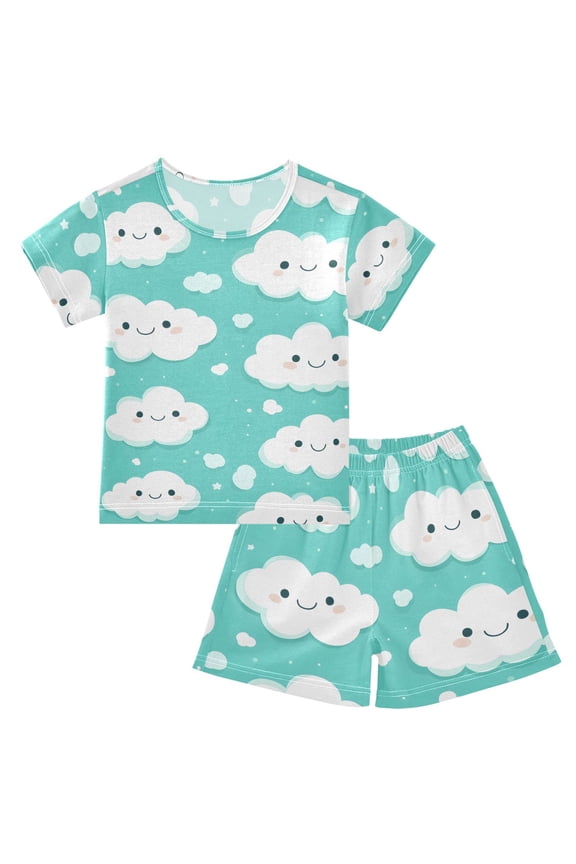 Happy Clouds Pattern Summer Pajama Set Soft Cotton Short Sleeve Sleepwear 2PCS Pajama Sets Breathable Lounge Set Size 12Y
