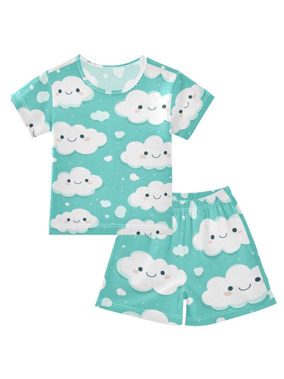 Happy Clouds Pattern Summer Pajama Set Soft Cotton Short Sleeve Sleepwear 2PCS Pajama Sets Breathable Lounge Set Size 14Y