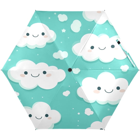 Happy Clouds Pattern Umbrellas for Sun Auto Open Close UV50+ Waterproof 5-Fold Compact Fiberglass Frame