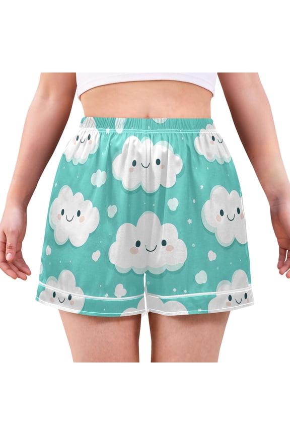 Happy Clouds Pattern Women's Pajama Shorts Silky Satin Casual Lounge Sleep Zero Pressure
