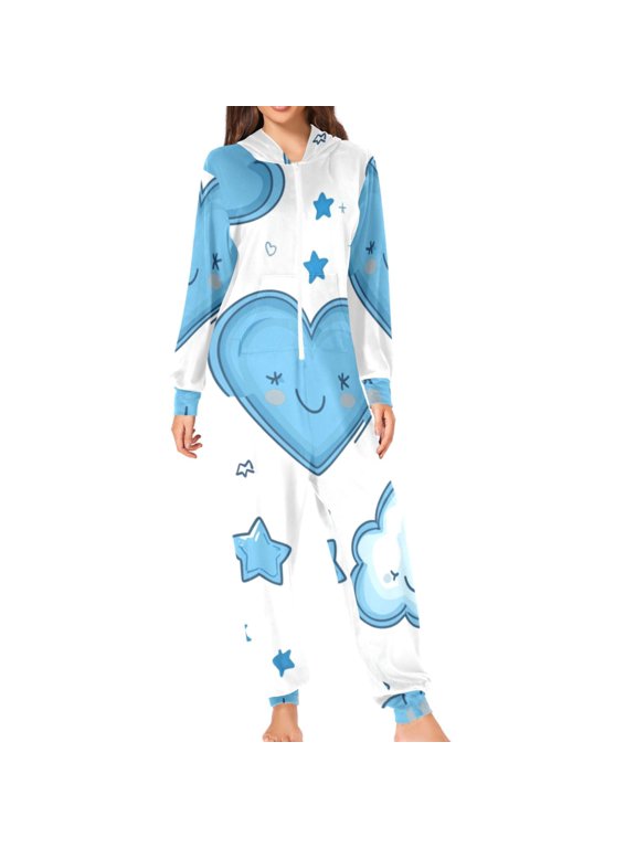 Happy Clouds Stars Hearts Adult's Hoodie Onesie Jumpsuit One-Piece Pajamas with Zipper Unisex for Holiday M