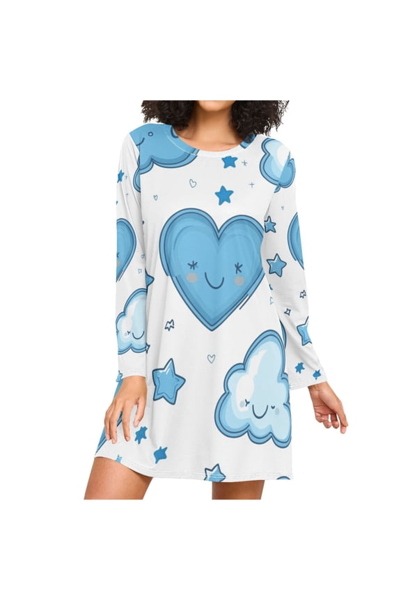 Happy Clouds Stars Hearts Women's Long Sleeves Nightgowns Sleepwear Soft Pajama A-line Sleep Dress XL