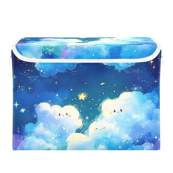 Happy Clouds and Stars Large Storage Bins with Linen Collapsible Lid Storage Box 16.7 x 12.6 x 11.8in
