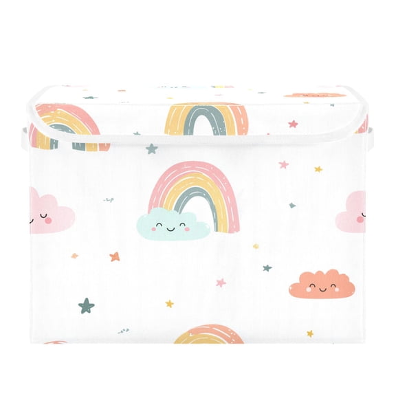 Happy Clouds with Line Art Rainbows Stars Foldable Storage Bins with Lids Handles Collapsible Storage Containers Tote Boxes 16.5 x 12.6 x 11.8 inches