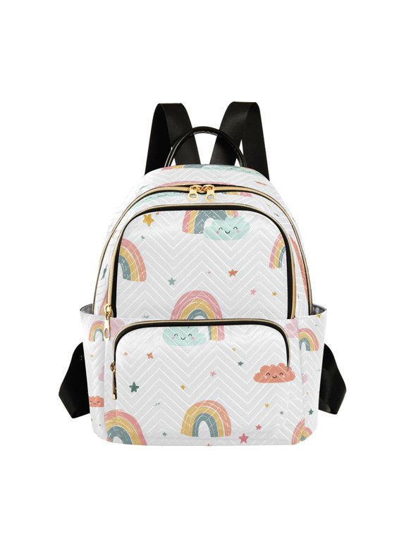 Happy Clouds with Line Art Rainbows Stars Quilted Backpack Fashion Daypack Commuter Bag for Women 8.5 L