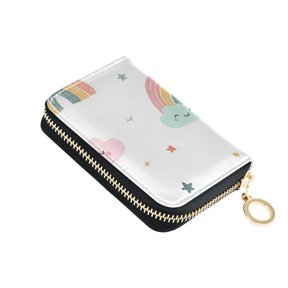 Happy Clouds with Line Art Rainbows Stars Women's Credit Card Holder PU Leather Zipper Wallet RFID Blocking