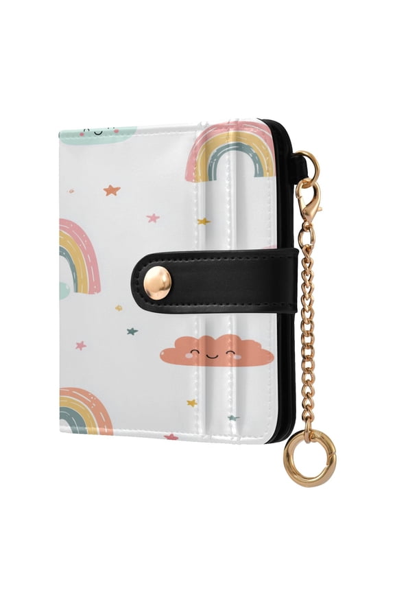 Happy Clouds with Line Art Rainbows Stars Women's Wallet PU Leather Card Cases RFID Blocking Purse Billfold with Key Ring