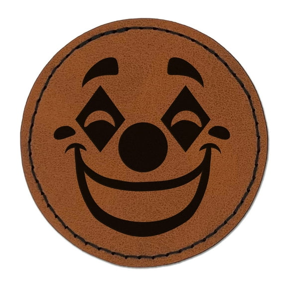 Happy Clown Face 2.5" Faux Leather Round Engraved Iron-On Patch - Brown