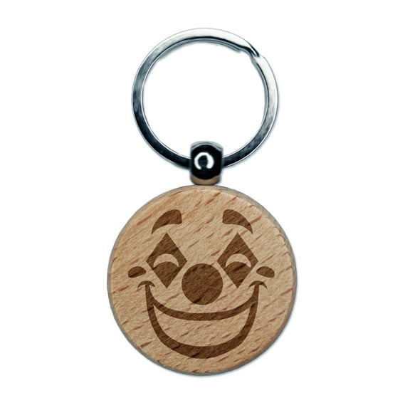 Happy Clown Face Round Keychain Charm Tag - Engraved Wood