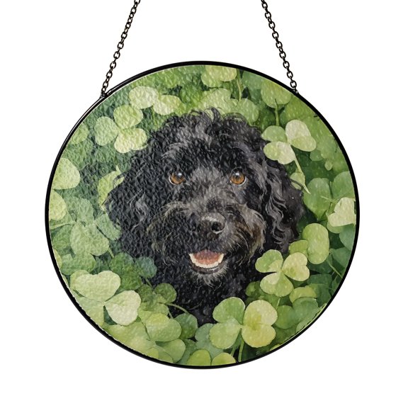 Happy Cockapoo Welcome St Patrick's Day Lucky Shamrocks Clover Stained Glass Suncatcher Dog Lover Window Hanging Sign Decor - 22001