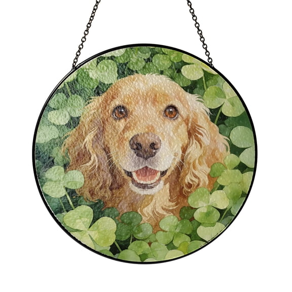 Happy Cocker Spaniel Welcome St Patrick's Day Lucky Shamrocks Clover Stained Glass Suncatcher Cockers Dog Lover Gifts Window Hanging Sign Decor - 22001