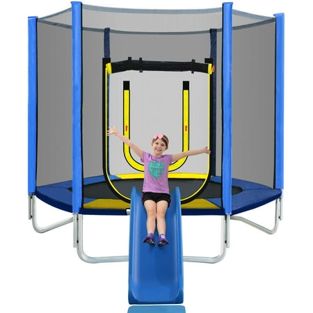 Happy Collection 7FT Kids Trampoline with Slide, Safety Net, UV-Protected Mat, and Basketball Hoop, Blue