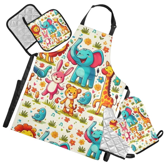 Happy Colorful Animal 5 Pcs Kitchen Set Heat Resistant Oven Mitts and Non-Slip Pot Holders with Adjustable Cooking Apron