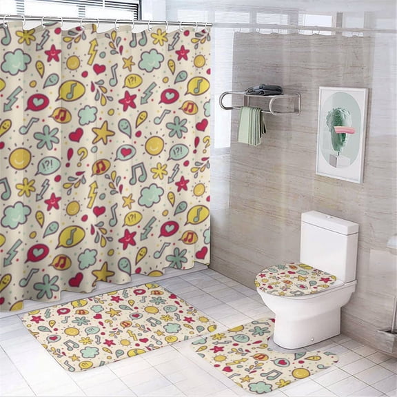 Happy Colorful Doodle Pattern Design Shower Curtain Sets with Rugs 4 Piece Rustic