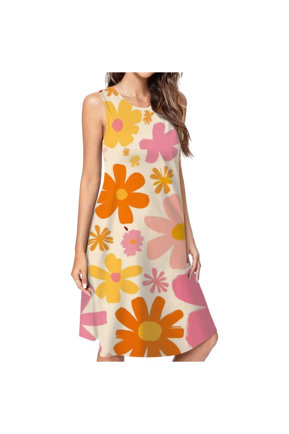 Happy Colorful Floral Pattern Design Casual Sleeveless Loose Sundress Dress For Women Summer Dress Daily Woman