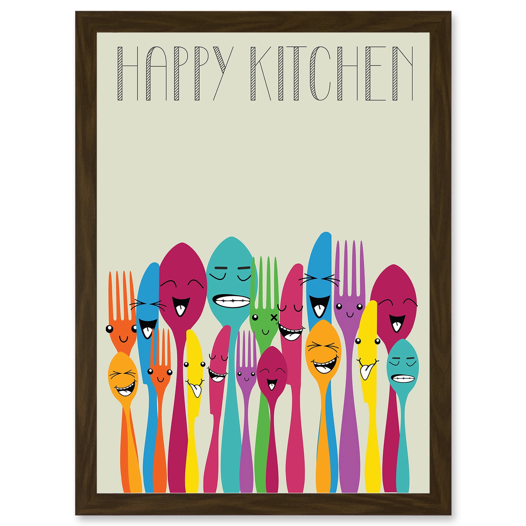 kitchen art personalized prints - utensils, cups,... Happy Colourful Cutlery Kitchen Food Artwork Framed Wall Art Print A4 ...