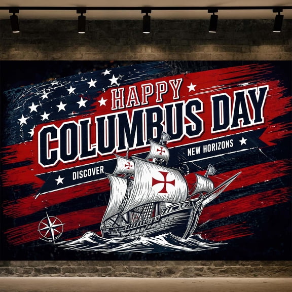 Happy Columbus Day Backdrop, American Flag Nautical Sailboat Photography Background, Discover New Horizons Themed Banner for Columbus Day Party Decorations,7x5FT
