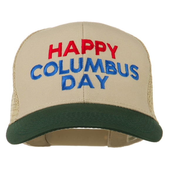 Happy Columbus Day Embroidered Mesh Cap - Dark Green Khaki OSFM