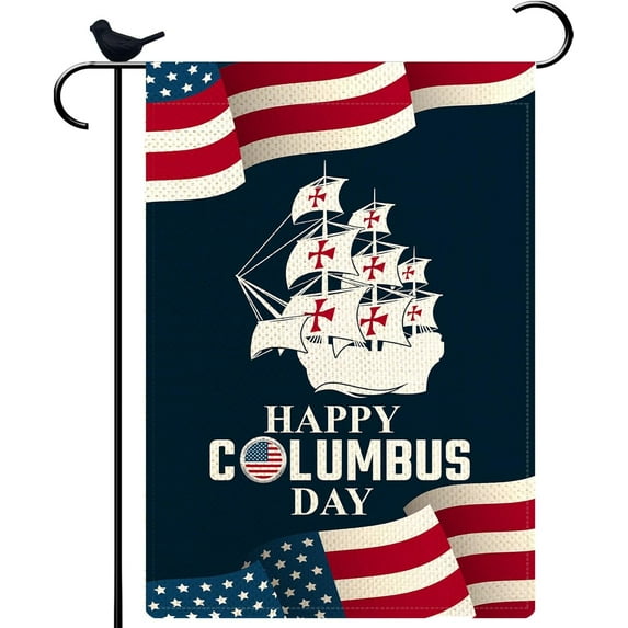 Happy Columbus Day Garden Flag 12 x 18 Inch Small Vertical Burlap Double Sided Celebrate 1492 Columbus Day Seasonal Yard Flag for Home Outdoor Decor Lawn Flag