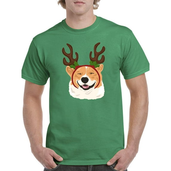 Happy Corgi Christmas Antlers T-Shirt Men -Image by Shutterstock, Male 4X-Large