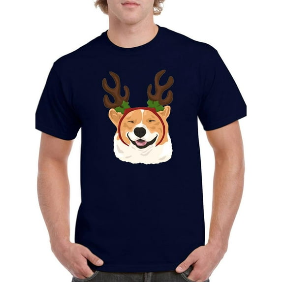 Happy Corgi Christmas Antlers T-Shirt Men -Image by Shutterstock, Male Large