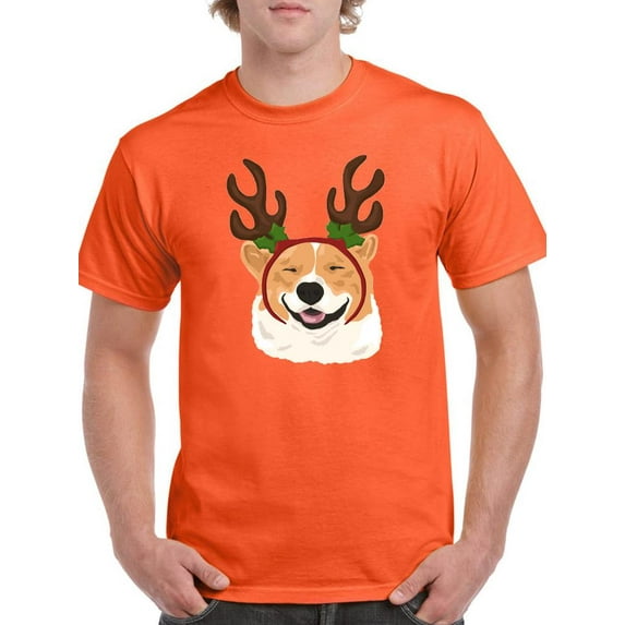 Happy Corgi Christmas Antlers T-Shirt Men -Image by Shutterstock, Male Large