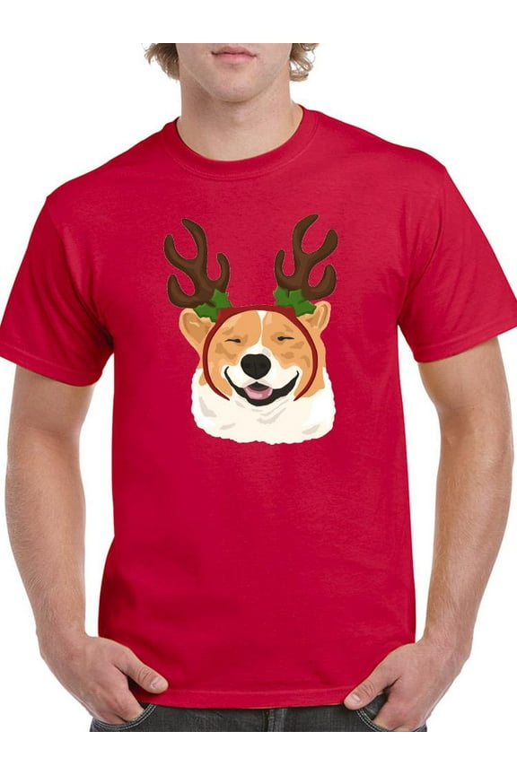 Happy Corgi Christmas Antlers T-Shirt Men -Image by Shutterstock, Male Medium