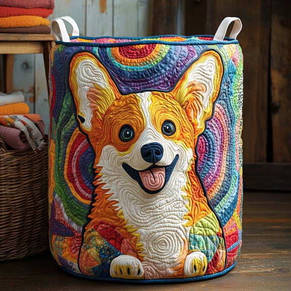 Happy Corgi Colorful Quilted Laundry Basket