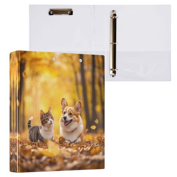 Happy Corgi Dog and Cat 3 Ring Hardcover Binders 1.5in Round Rings for Letter-Size Folder Paper Organizer Pockets for Office Student Recipe