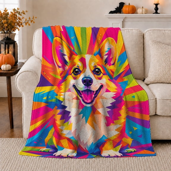 Happy Corgi Low Poly Art Pop Art, Dramatic Pet Portrait Pattern, Warm Flannel Blanket for Living Room and Bedroom, Dog Lovers Valentine's Day Gift, Pet Lover Home Decor