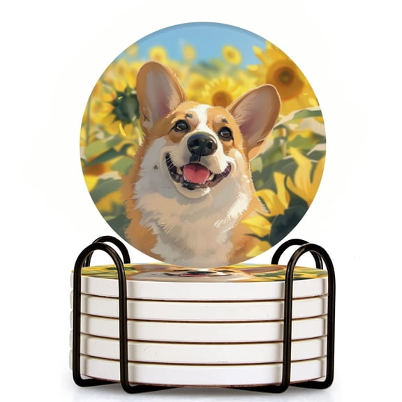 Happy Corgi In The Midst Of Sunflower Field Set of 6 Ceramic Coasters with Holder, Absorbent Drink Bar Coasters, Table Coasters for Living Room Decor Tabletop Protection