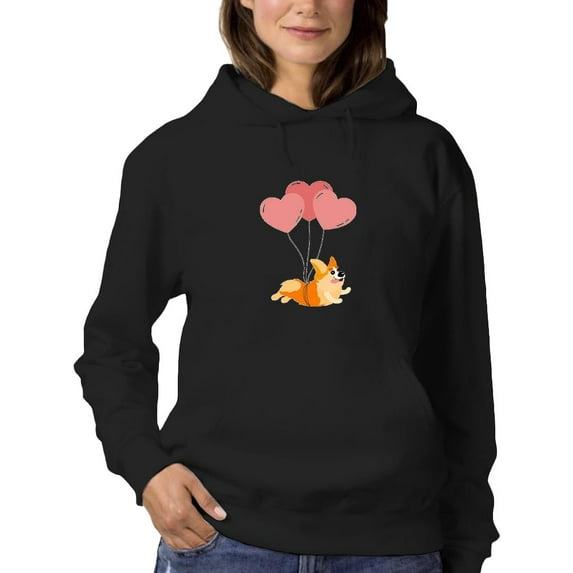 Happy Corgi W Heart Balloons Hoodie Women - Women Hoodie, Black, 4XL