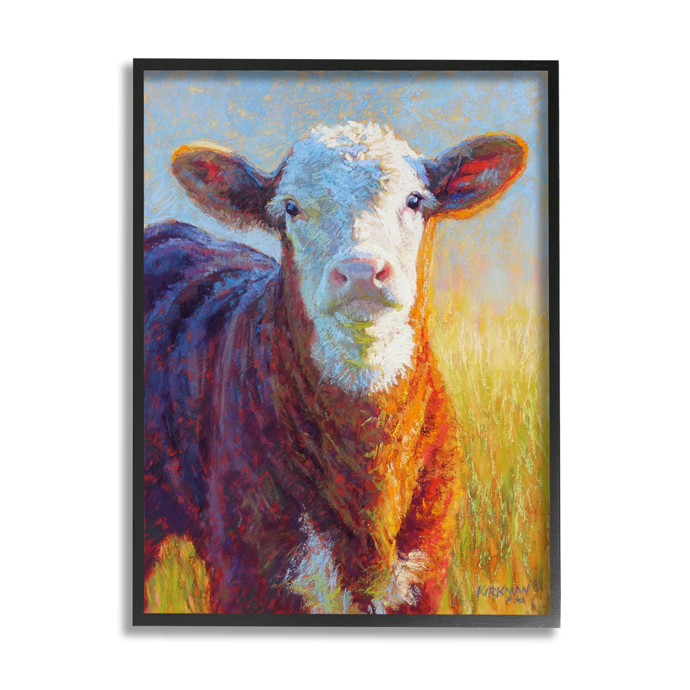Happy Cow Farmhouse Grassland Animals & Insects Painting Black Framed Art Print Wall Art