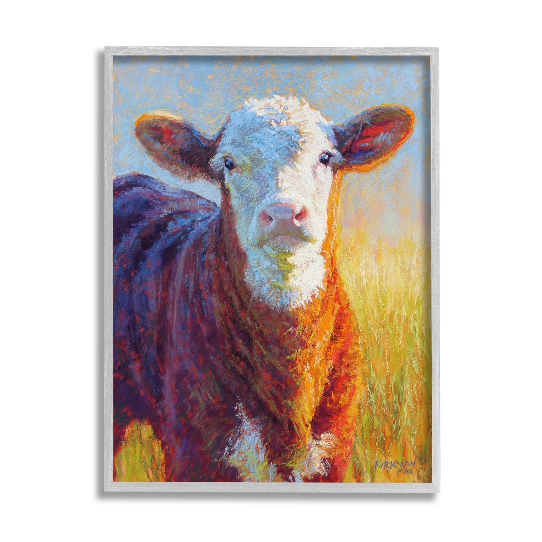 Happy Cow Farmhouse Grassland Animals & Insects Painting Gray Framed Art Print Wall Art